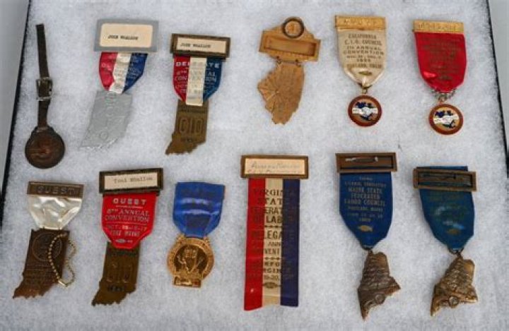 Badges worn by convention delegates: 2 wds.