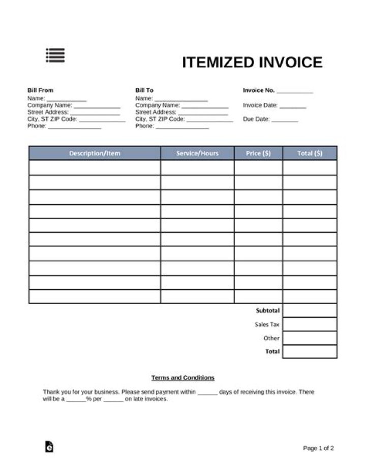Itemized bill for services rendered